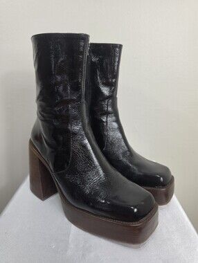 L'intervalle Leather Black Platform Block Heel Boots